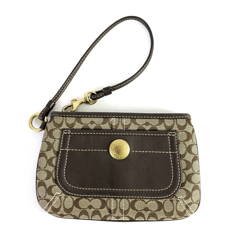 COACH Signature Canvas Wristlet Brown Leather Trim Zip Pouch Clutch VTG Small